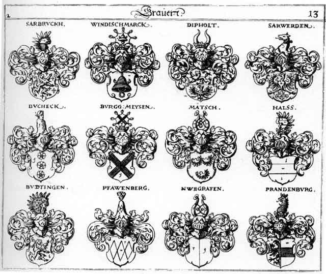 Coats of arms of Brandenburg, Bucheck, Büttingen, Dipholt, Halss, Maersch, Mätsch, Meyssen, Nwegrafen, Pfauenberg, Prandenburg, Sarwerden, Windischmarck