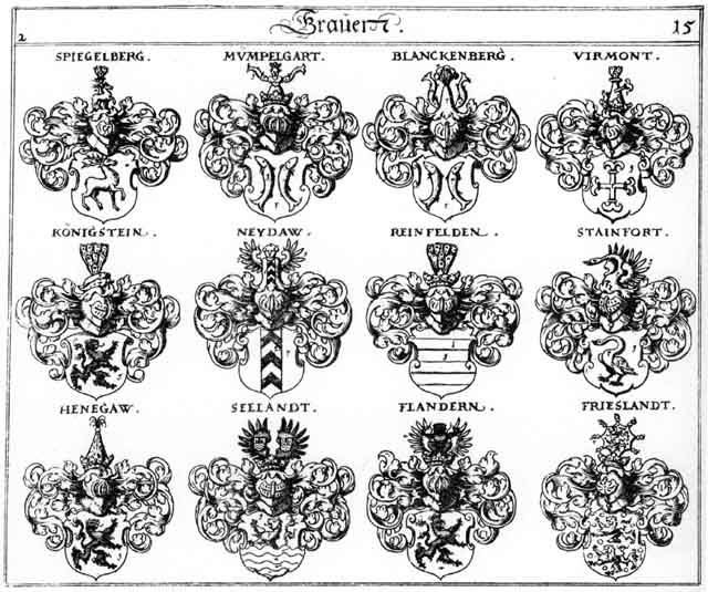 Coats of arms of Blanckenberg, Flandern, Frieslandt, Henegaw, Koenigstein, Konigstein, Mumpelgardt, Neydaw, Reinfelden, Seeland, Spiegelberg, Stainfort, Virmont
