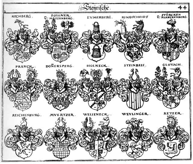 Coats of arms of Donnersperg, Eymerberg, Gloiach, Gloyach, Holeneck, Holneck, Muertzer, Reichenburg, Retzer, Rindscheid, Steinbeiss, Störcken, Weiseneck, Weylinger, Zollner, Zolner