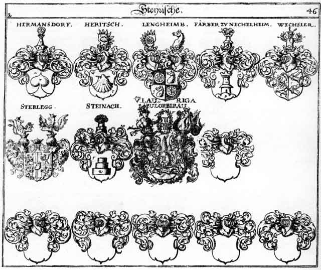 Coats of arms of Färber, Heritsch, Hermansdorf, Hermensdorf, Lengheim, Stainach, Steinach, Sterlegg, Wechsler, Wexler