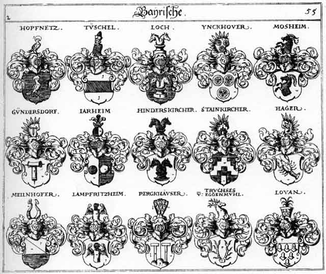 Coats of arms of Gundersdorff, Guntersdorff, Hager, Hinderskircher, Hopfnetz, Jarheim, Lampfritzheim, Loch, Lochen, Lovan, Meilnhofer, Perckhauser, Stainkircher, Tüschel