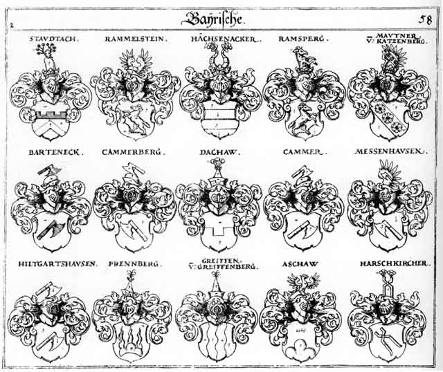 Coats of arms of Aschaw, Barteneck, Cammer, Cammerberg, Dachaw, Greiff, Greiffen, Hächsenacker, Haechsenacker, Harschkircher, Hilgartshausen, Mautner, Messenhausen, Prennberg, Rammelstein, Ramsperg, Ramsperger