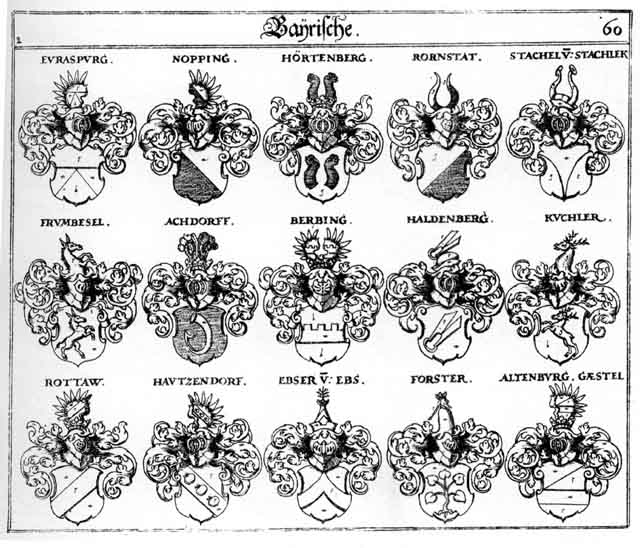 Coats of arms of Achdorff, Altenburg, Berbing, Ebser, Eurasburg, Forster, Frumbesel, Gaestel, Haldenberg, Haltenberg, Hautzendorff, Hertenberg, Hörtenberg, Kuchler, Kugler, Nopping, Rornstat, Rottaw, Stachel