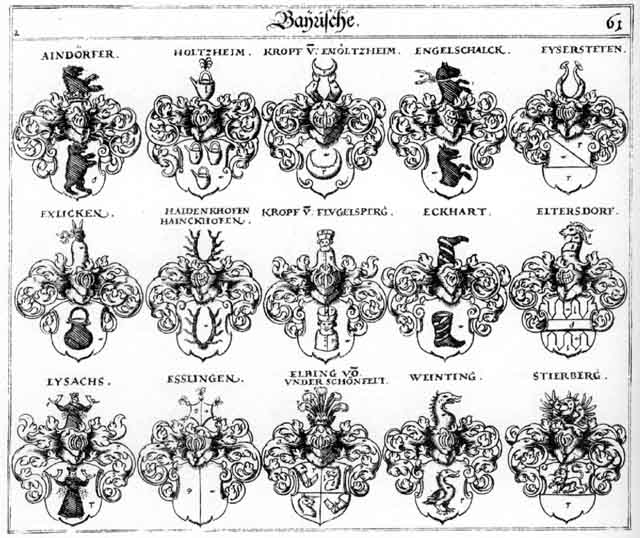 Coats of arms of Aindörffer, Echard, Eckhardt, Elbing, Eltersdorff, Engelschalck, Eslinger, Esslingen, Exlicken, Eysachs, Eysersteten, Haidenckhofen, Holtzheim, Kropf, Kropfen, Stierberg, Weinting