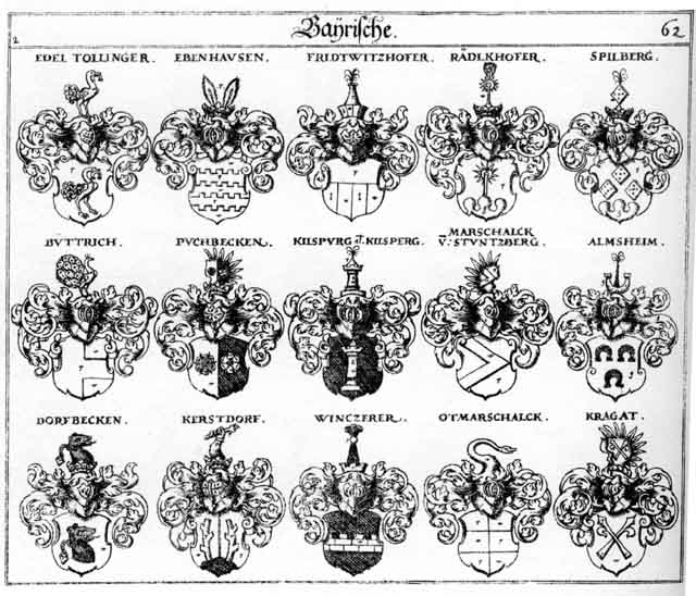 Coats of arms of Almsheim, Büttrich, Dorfbecken, Ebenhausen, Edel, Edel, Fridtwitzhofer, Kerstdorff, Kielsberg, Kielsburg, Kragat, Ottmarschalck, Rädlkhofer, Raedlkofer, Spilberg, Tollinger, Winczerer