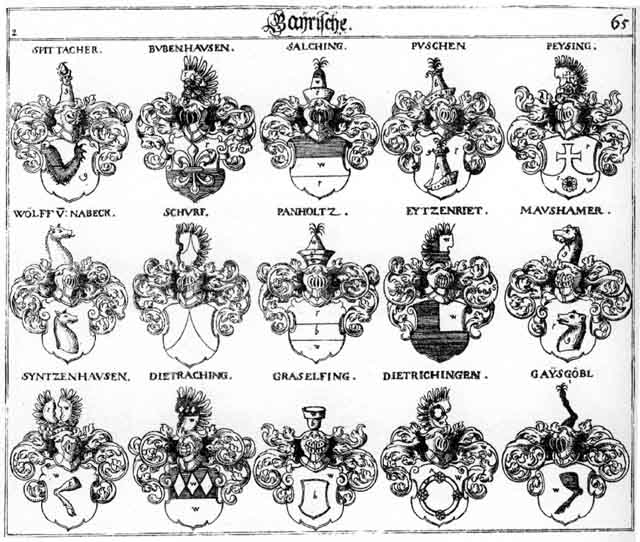 Coats of arms of Bubenhausen, Eytzenriet, Gaysgobel, Graselfing, Maushamer, Panholtz, Peysing, Puschen, Salching, Schurff, Spittacher, Syntzenhausen, Traching, Wölff, Wölffen