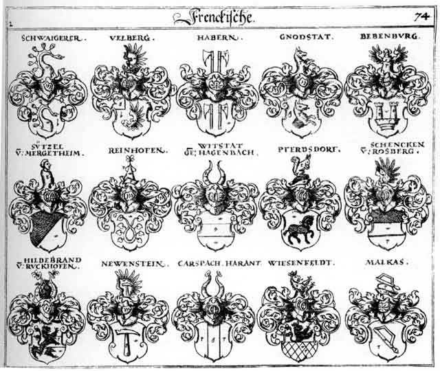 Coats of arms of Bebenburg, Carspach, Gnodstadt, Habern, Hagenbach, Hildebrandt, Hilteprant, Malkas, Neuenstein, Newenstein, Pferdsdorff, Reinhofen, Schwaigerer, Sützel, Velberg, Wiesenfeldt, Wisenfeldt, Wittstatt