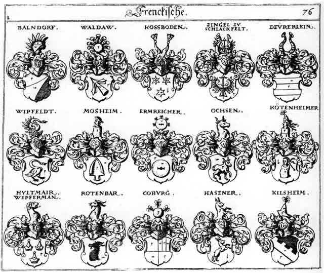Coats of arms of Baldorff, Balndorff, Coburg, Deurerlein, Ermreicher, Hasener, Hyltmair, Kilsheim, Koburger, Koetenheimer, Kossboden, Kötenheimer, Ochsen, Rotenbar, Waldaw, Wepfermann, Wipfeldt, Zingel