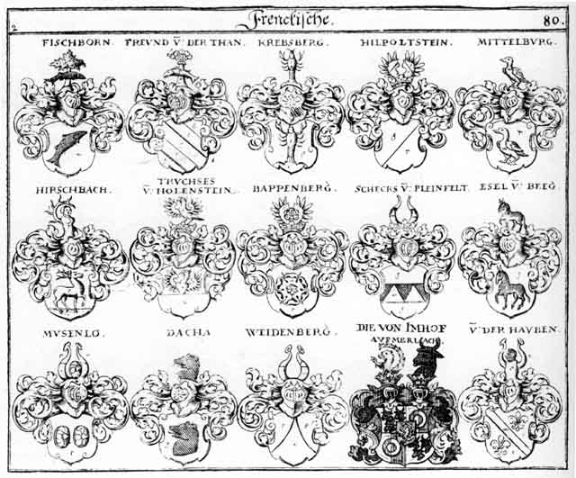 Coats of arms of Bappenberg, Dacha, Esel, Fischborn, Hauben, Hilpoltstein, Hirschbach, Hirschpach, im Hoff, Imhoff, in Hoeff, Krebsberg, Mittelburg, Musenlo, Schecks, Tann, Thann, Weidenberg