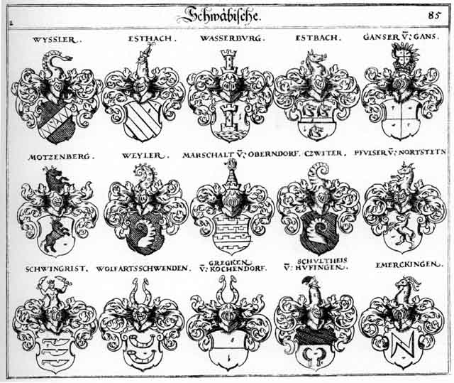 Coats of arms of Czwiter, Emerckingen, Estach, Estbach, Ganfer, Gregken, Marchalt, Motzenberg, Nortstein, Pfulser, Schultheis, Schwingrist, Wasserburg, Wolfartsschwenden, Wyssler