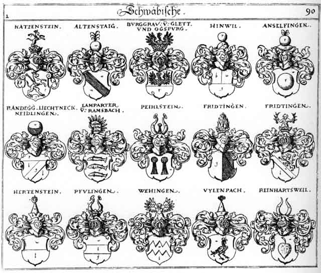 Coats of arms of Altensteig, Anselfingen, Burggraven, Burgrafen, Hertenstein, Hinwil, Katzenstein, Katzensteiner, Lamparter, Neidlingen, Peihlstein, Pfülingen, Randegk, Reinhartsweil, Wehingen