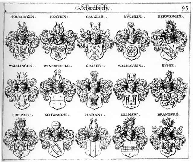 Coats of arms of Berwang, Berwangen, Branburg, Bühel, Gangler, Graser, Holtzingen, Kellnaw, Kochen, Krebser, Kuchlin, Schwanden, Waibling, Waiblingen, Welhausen, Winckelthal