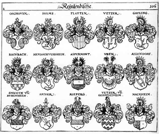 Coats of arms of Allendorff, Aspermont, Breubach, Fetzer, Flatten, Hendschuchsheim, Nackheim, Oschhofen, Rieperg, Solms, Spechten, Spisser, Spysser, Uben, Vetzer