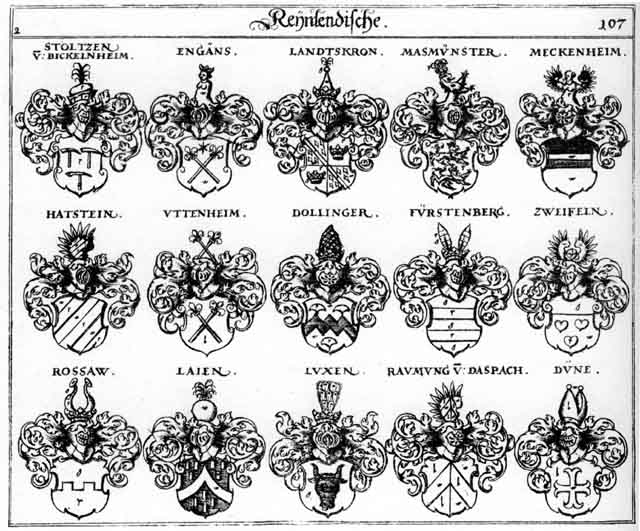 Coats of arms of Daspach, Dollinger, Düne, Engans, Fürstenberg, Fürstenberger, Hatftein, Hattstein, Laien, Luxen, Mäsmunster, Meckenheim, Raumung, Rosauen, Rossaw, Stoltzen, Tollinger, Uttenheim, Zweiffel, Zweiffelen
