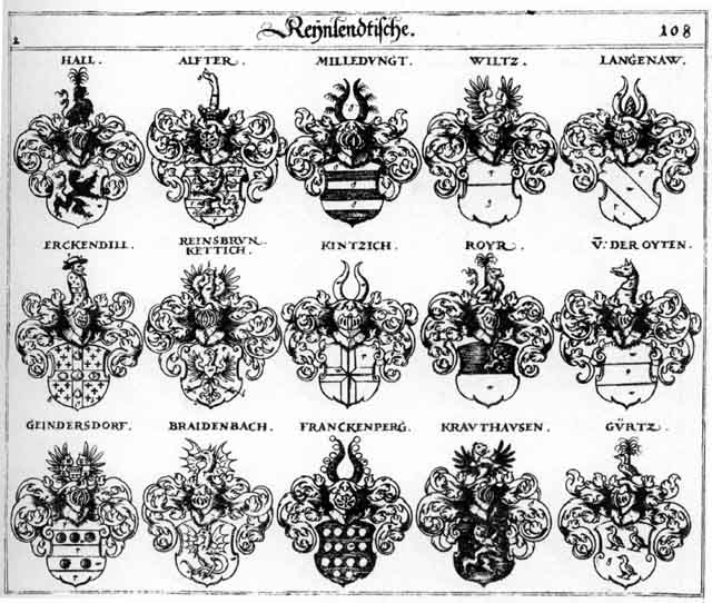 Coats of arms of Alfter, Braidenbach, Braittenbach, Geindersdorff, Hall, Kettig, Kintzich, Krauthausen, Langenau, Milledungf, Reinsbrun, Röyr, V  der Oyten, Wiltz