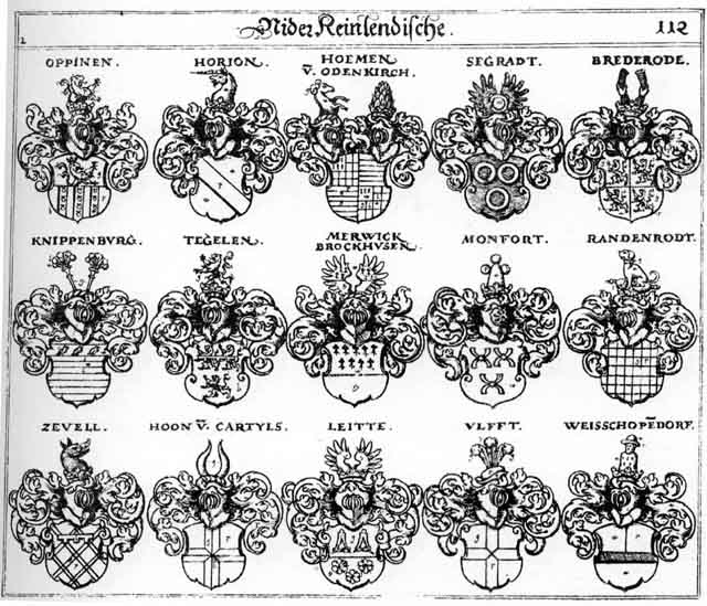 Coats of arms of Brederode, Brockhausen, Hoemen, Hoon, Horion, Knippenburg, Leitte, Merwick, Monfort, Oppinen, Randenrodt, Segradt, Tegelen, Ulfft, Weisschoppedorf, Zevell
