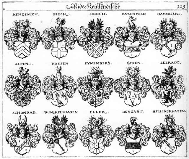 Coats of arms of Alpen, Bicken, Bongart, Buschfeldt, Eller, Eynenberg, Grien, Grün, Haenseler, Hänseler, Hensler, Horch, Kendenich, Leeradt, Pieck, Roesen, Rösen, Schönrad, Winckelhausen