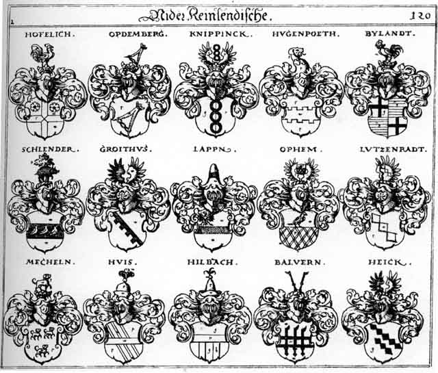 Coats of arms of Basvern, Bylandt, Gera FH, Groithus, Heick, Hilbach, Hofelich, Hugenboeth, Knipping, Lappen, Lutzenradt, Mecheln, Opdemberg, Ophem, Schlender