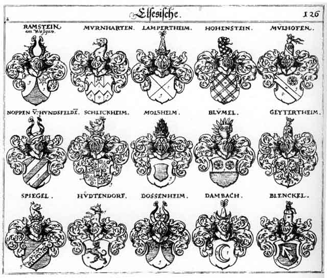 Coats of arms of Blenckelin, Blümel, Dambach, Dossenheim, Hohenstein, Hohensteiner, Hudtendorff, Lampertheim, Molsheim, Mülhofen, Murnhart, Murnharten, Noppen, Ramstein, Schlickheim, Spiegel, Spigel