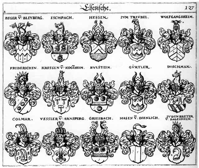 Coats of arms of Beger, Bulstein, Colmar, Duschmann, Eschpach, Friderichen, Griesbach, Gürtler, Haascn, Hasen, Hess, Hessen, Judenbreter, Vesler, Wolfgangsheim