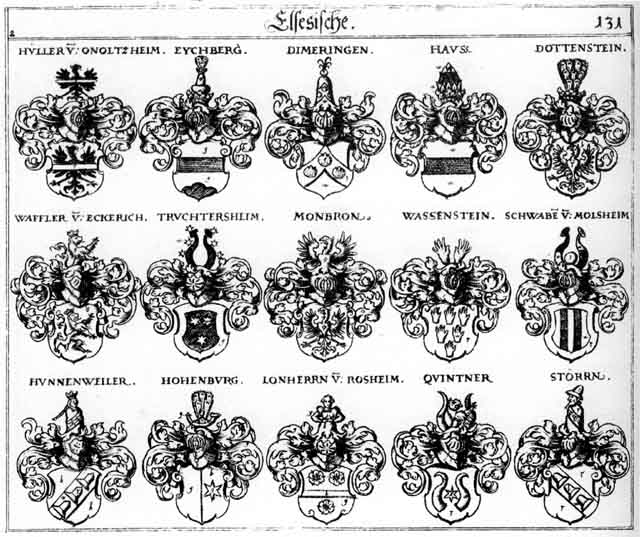 Coats of arms of Dimeringen, Dottenstein, Eichberg, Eychberg, Hochenburg, Hoheburg, Hohenburg, Hüler, Hüller, Hunnenweiler, Lonherrn, Monbron, Quintner, Schwab, Schwaben, Schwaven, Stöern, Storn, Truchtersheim, Waffler, Walffer, Wassenstein