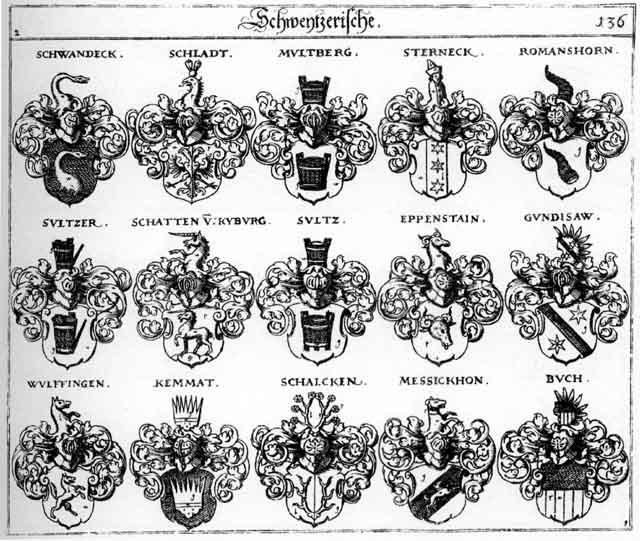 Coats of arms of Buch, Buoch, Eppenstein, Gundisaw, Kemmat, Messikhon, Multberg, Puch, Romanshorn, Schalcken, Schatten, Schladt, Schwandeck, Sterneck, Suitzer, Sultz, Sultzer, Wulffingen