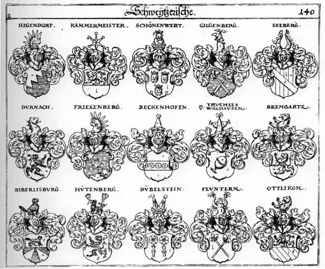 Coats of arms of Beckenhofen, Biberlisburg, Bremgartz, Dübelstein, Durnach, Flüntern, Friesenberg, Gilgenberg, Hegendorff, Hütenberg, Kammermeister, Ottlickon, Schönenwert, Turnach