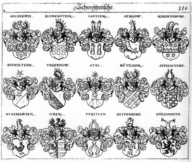 Coats of arms of Adlischwil, Aergow, Affholtern, Atai, Attal, Blumenstein, Butickon, Hügelhofen, Hünerhausen, Lauffe, Lauffen, Omen, Schowenburg, Stryffen, Tegernow