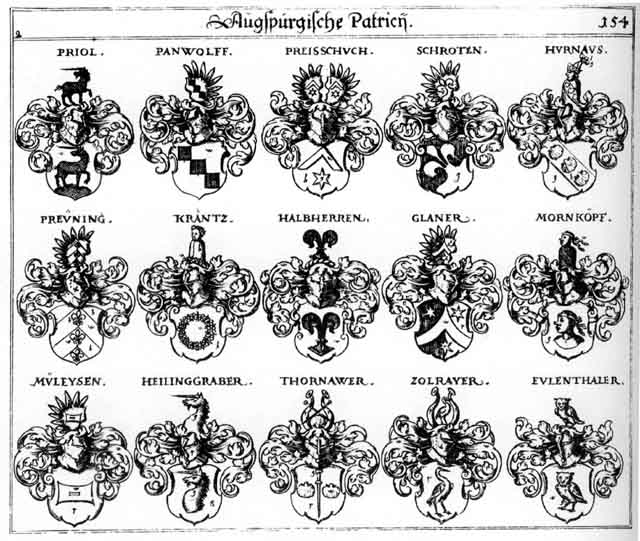 Coats of arms of Breuning, Eulenthaler, Glaner, Halbherren, Heilinggraber, Hurnaus, Krantz, Krantzen, Mornkopf, Müleyfen, Panwolff, Preining, Preisschuch, Preuning, Priol, Thornauer, Zolrayer