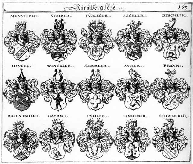 Coats of arms of Ayrer, Bayrn, Braun, Descher, Fürleger, Lindener, Lindner, Münsterer, Praun, Praunen, Pueheler, Pühler, Rosenthaler, Seckler, Semler, Staiber, Winckler
