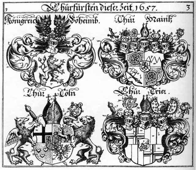 Coats of arms of Böheim CH, Chur-Böheim, Chur-Cöln, Chur-Mainz, Chur-Trier, Cöln CH, Mainz CH, Trier Churfürst