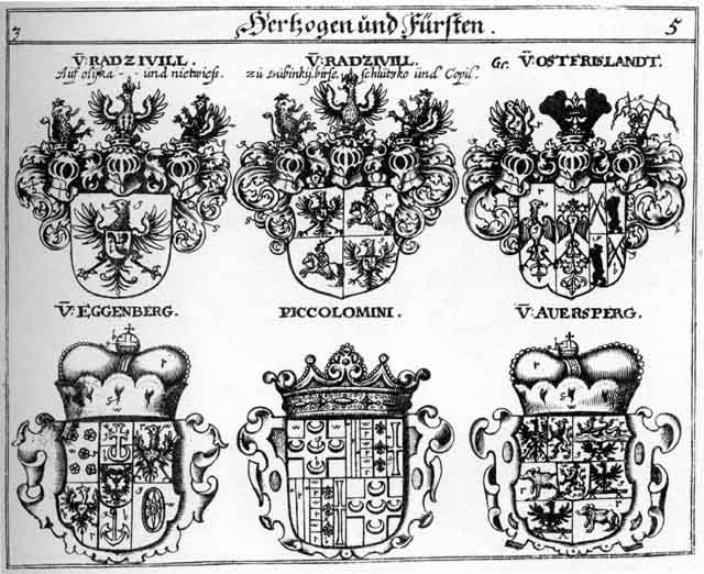 Coats of arms of Auersperg HF, Eggenberg Fürst, Ost - Friesland HF, Piccolomini HF, Radzivil HF