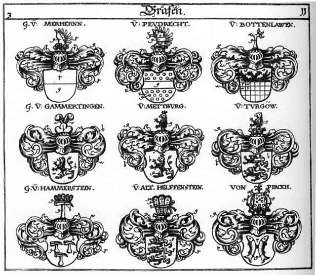 Coats of arms of Althelffenstein, Bottenlawen, Gammertingen, Helfenstein, Merherrn, Peudrecht, Pirckh, Turgow