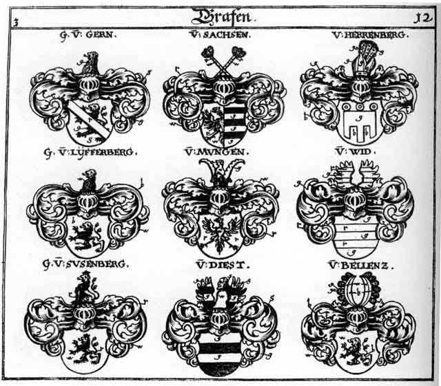 Coats of arms of Anhalt HF, Bellentz, Gern, Herrenberg, Lyfferberg, Müngen, Susenberg, Wid, Wiedt