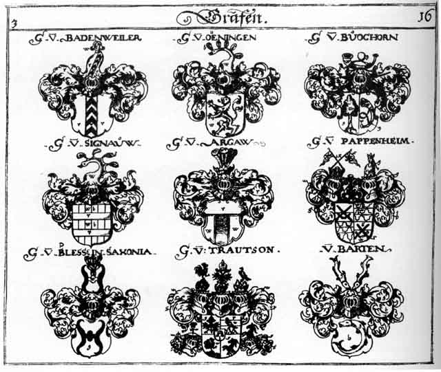 Coats of arms of Argaw, Barten, Bless, Blessen, Buochorn, Datenberge, Oeningen, Pappenheim, Pless, Plesse, Plessen, Signauw, Trautson, Uxnkül