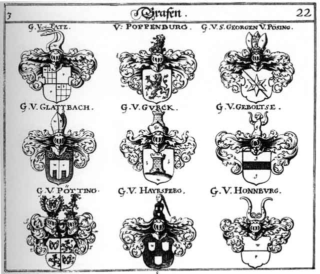 Coats of arms of Fatz, Geboltse, Glattbach, Gurck, Hayrsperg, Hejersperg, Paesing, Paetting, Poppenburg, Pösing, Pötting, S Georgen, Vatz