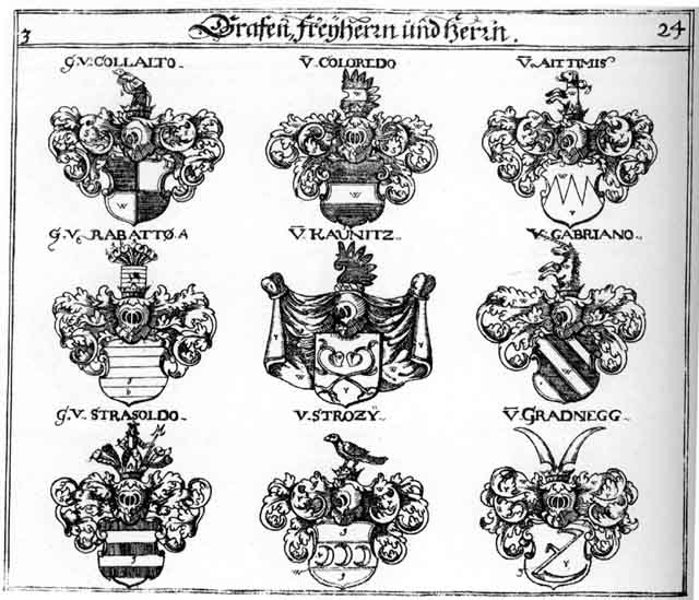 Coats of arms of Aittimir, Collatto, Gabriano, Gradnegg, Kaunitz, Rabatto, Strasoldo, Strozy