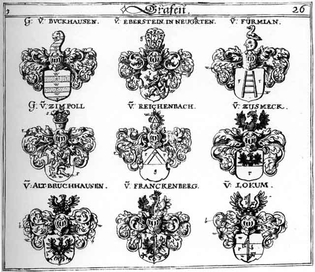 Coats of arms of AltBruchhausen, Bruchhausen, Buckhausen, Eberstein, Franckenberg, Fürmian, Lokum, Reichenbach, Zimpoll, Zusineck