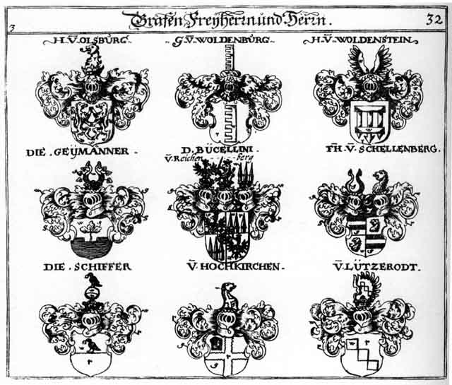 Coats of arms of Geymanner FH, Hochkirchen, Lutzerodt FH, Olsburg FH, Schellenberg FH, Woldenburg, Woldenstein FH