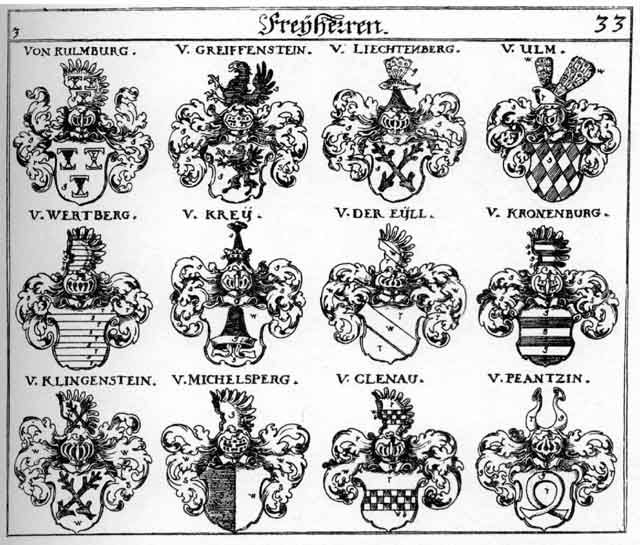Coats of arms of Bucellini, Clenau FH, Eyll FH, Greiffenstein FH, Klingenstein FH, Krey FH, Kronenburg FH, Liechtenberg FH, Michelberg FH, Michelsberg FH, Peantzin FH, Ulm FH, Wertberg FH
