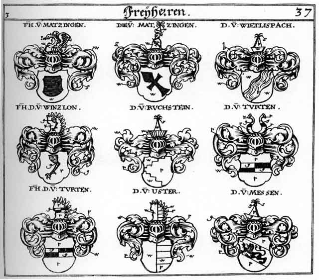 Coats of arms of Matzingen FH, Messen F H, Ruchstein FH, Turten FH, Uster FH, Wietlispach FH, Wintzlon FH