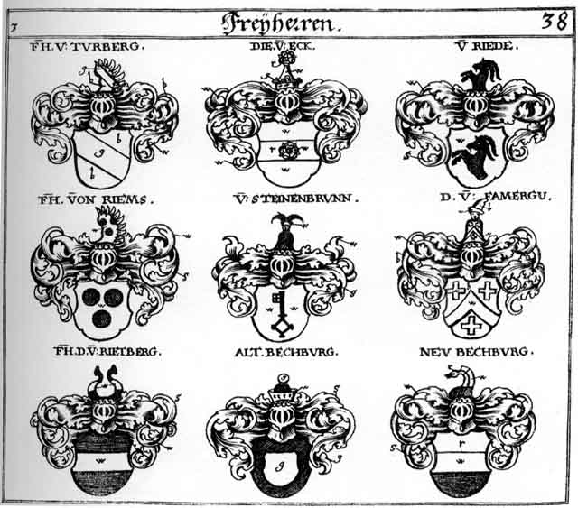 Coats of arms of AltBechburg FH, Bechburg FH, Eck FH, Eckh FH, Famergu FH, Neu-Bechpurg FH, Riede FH, Riems FH, Steinenbrunn FH, Turberg FH