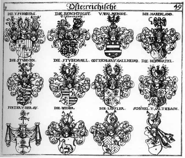 Coats of arms of Berchtholdt, Fernberg, Fernberger, Gotschler, Gottlchler, Haberland, Hörwartel, Loessler, Lössler, Pinter, Schyhel, Stubeckn, Stubenvoil, Walmerode, Wider