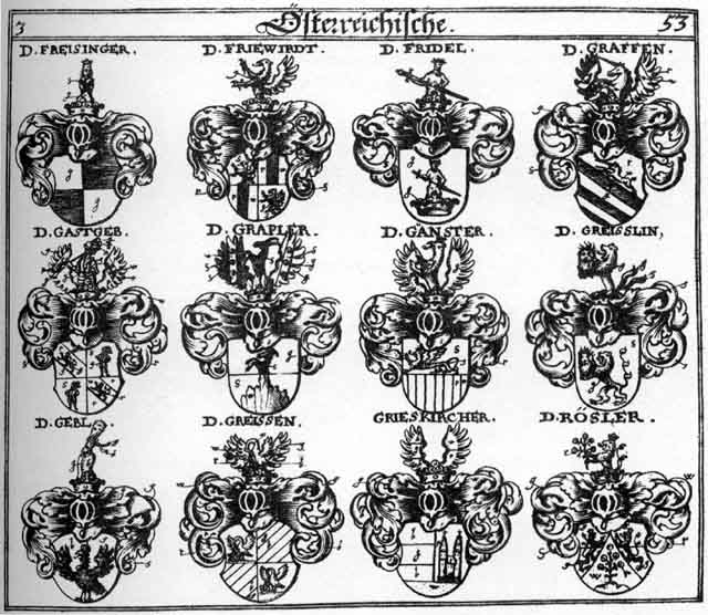Coats of arms of Fridel, Friewirdt, Gänster, Gástgeb, Gebl, Graffen, Grapler, Greissen, Greisslin, Grieskircher, Roesler, Rösler