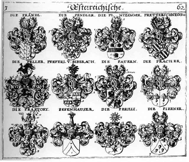 Coats of arms of Bauern, Brandel, Brändtl, Pauern, Paurn, Peefenhausen, Peefferl, Peller, Pendler, Pentzing, Pentzinger, Perilli, Pfeferl, Pierner, Pracher, Praendl, Praetorii, Prändel, Pretterschnegger