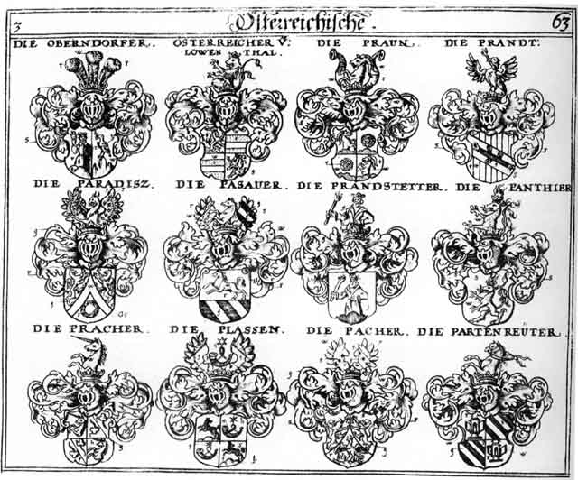 Coats of arms of Brandt, Brandtstetter, Braun, Obedorff, Oberndorffer, Oesterreicher, Pacher, Panthier, Paradisz, Partenreuter, Pasauer, Plassen, Pracher, Prandt, Prandtstetter, Praun, Praunen