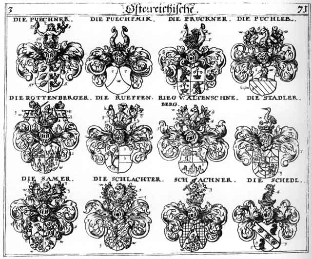 Coats of arms of Buchner, Puchler, Puchner, Puechemick, Puechner, Riegen, Rottenberg, Rottenberger, Rueffen, Samer, Schachner, Schedel, Schedl, Schlachter, Stadler