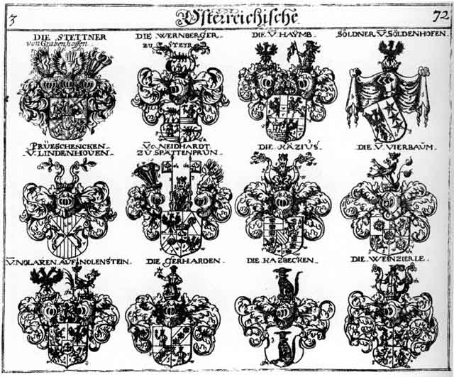 Coats of arms of Haymb, Haymo, Katzius, Kazius, Neidhardt, Neidhardten, Neydhart, Nolaren, Prüeschencken, Söldner, Stetner, Stettner, Vierbaum, Weinzierle, Wernberger