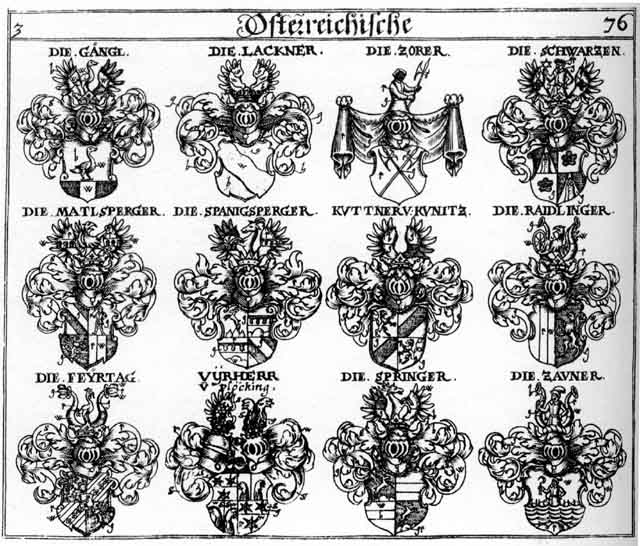 Coats of arms of Feirtager, Feyrtag, Gaenge, Gaenger, Gängl, Kuttner, Lackner, Mattsperger, Raidlinger, Schwartz, Schwartzen, Spanigsperger, Springer, Zauner, Zorer
