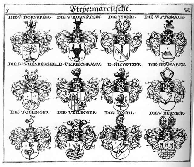 Coats of arms of Berneck, Bornstein, Dornsperg, Fischl, Gerhaben, Kriechbaum, Kriechpaum, Rauchenberger, Rauhenberg, Rauhenberger, Stainach, Steinach, Theer, Veilinger, Vischl